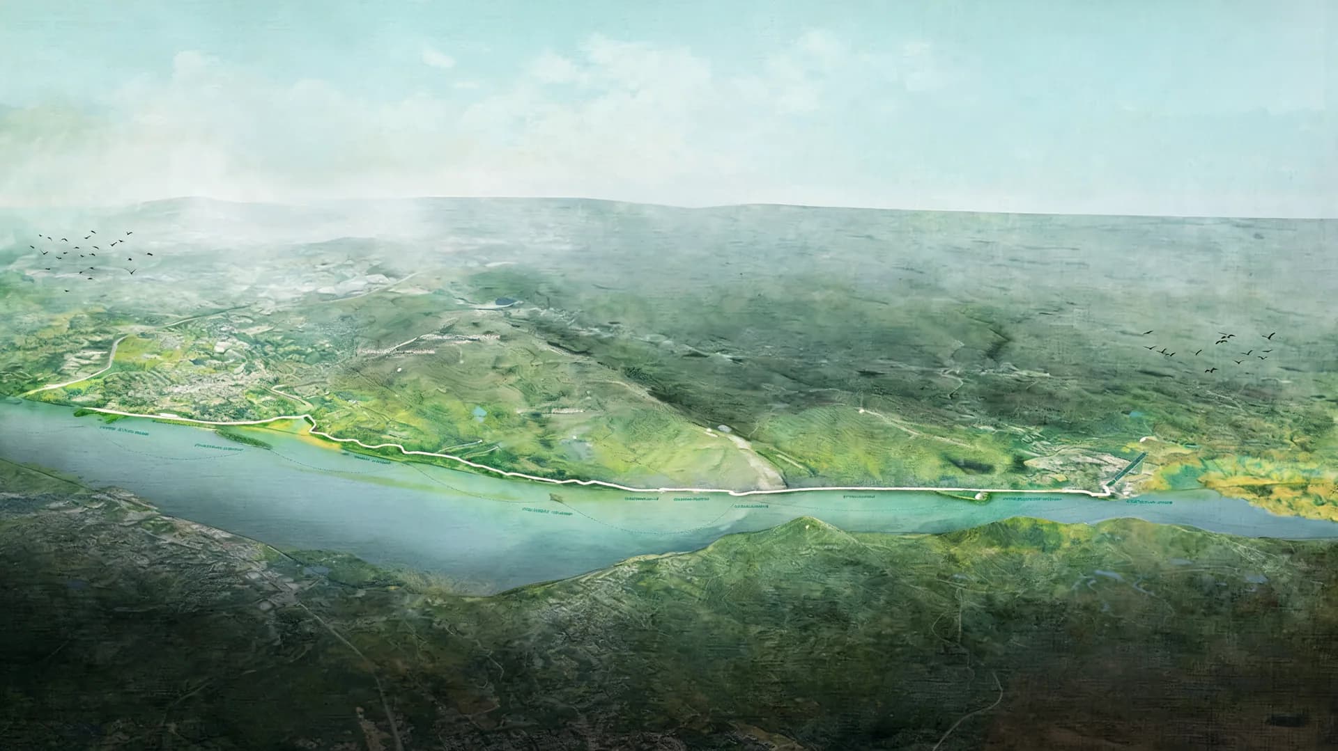 Illustrated aerial view of the Fjord Trail and Hudson River