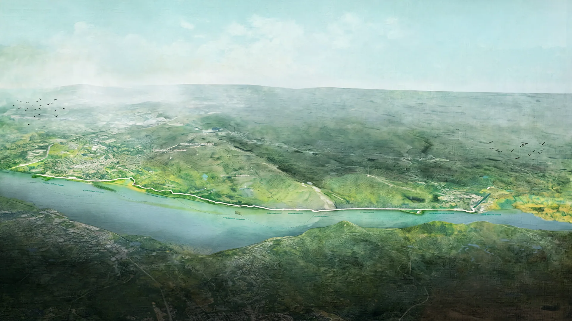 Illustrated aerial panorama of the Fjord Trail along the Hudson River between Cold Spring and Beacon